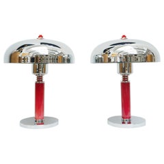 A Pair of Art Deco Red Bakelite and Chromed Metal Dome Lamps 