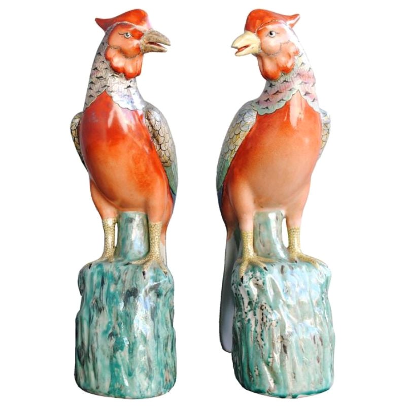 Couple of Pheasants in Famille Rose Porcelain For Sale