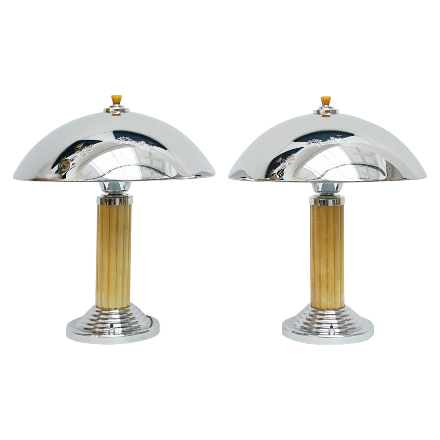 Art Deco Dome Lamps Bakelite and Chromed Metal Vintage Lighting For Sale