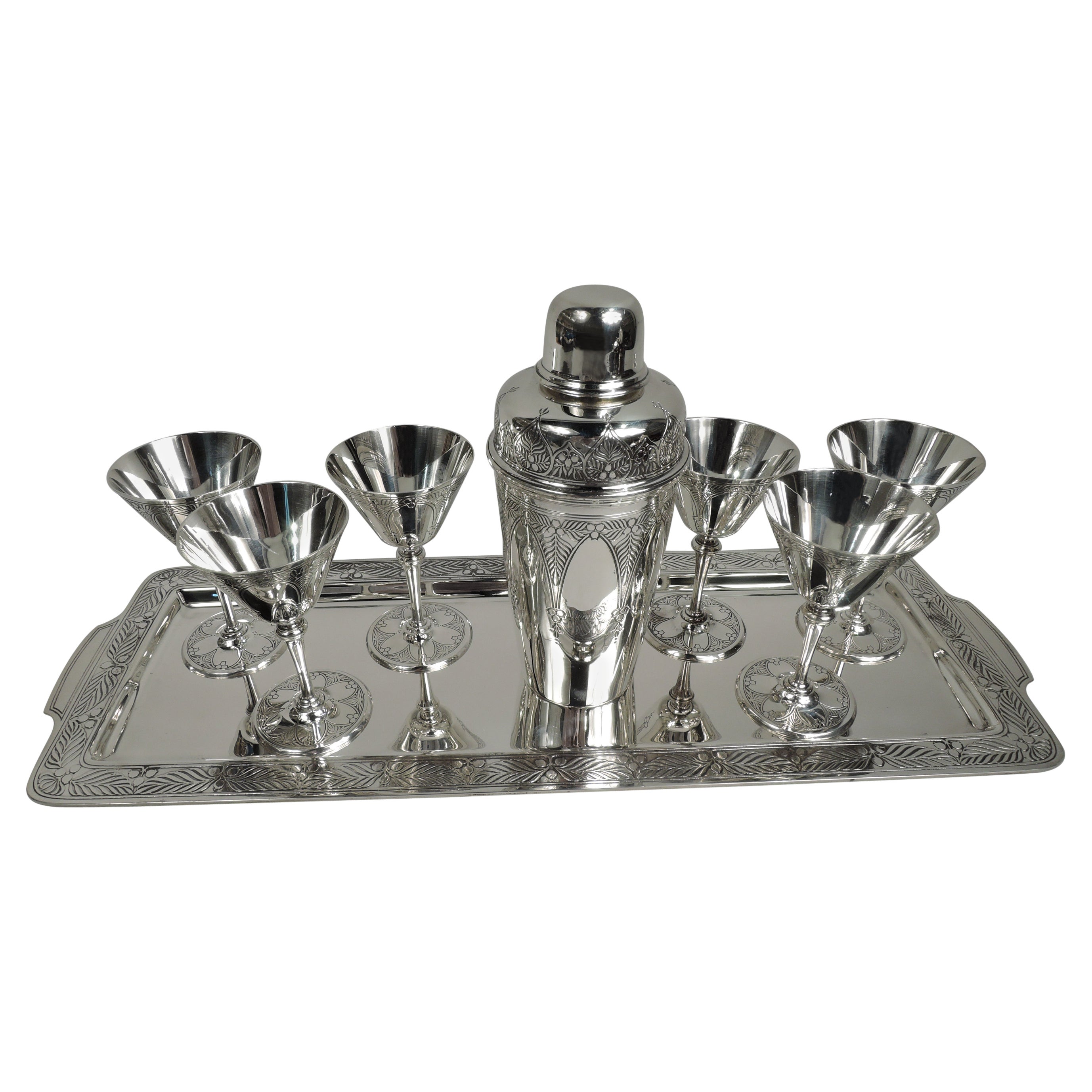 Tiffany Art Deco Bar Set with Cocktail Shaker & Cups on Tray