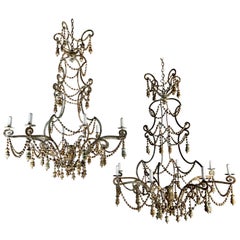 Pair of Iron and Wood Beaded Chandelier w/Tassels 