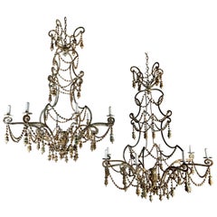 Pair of Iron and Wood Beaded Chandelier w/Tassels