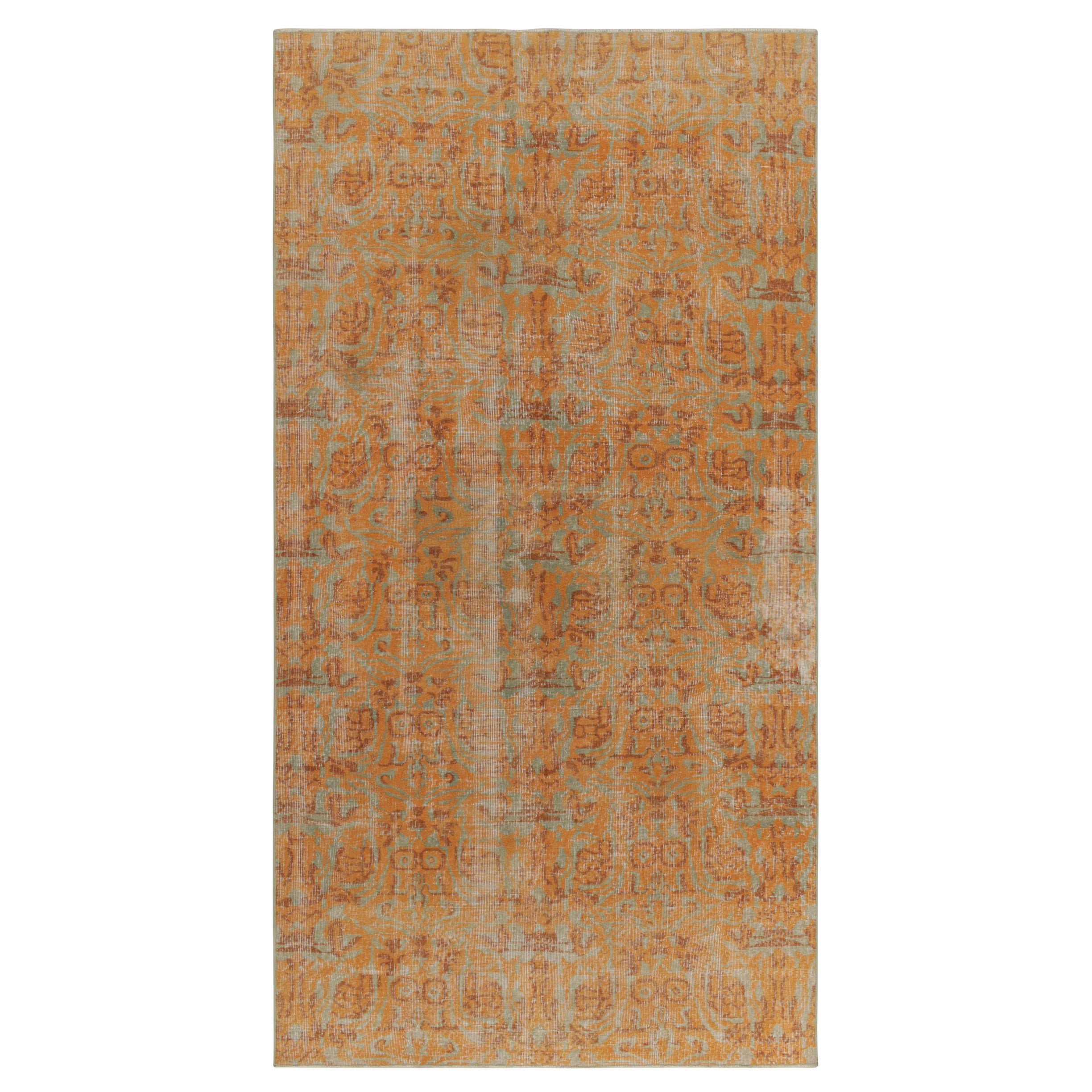 1960s Vintage Distressed Rug in Orange, Brown Abstract Patterns by Rug & Kilim For Sale