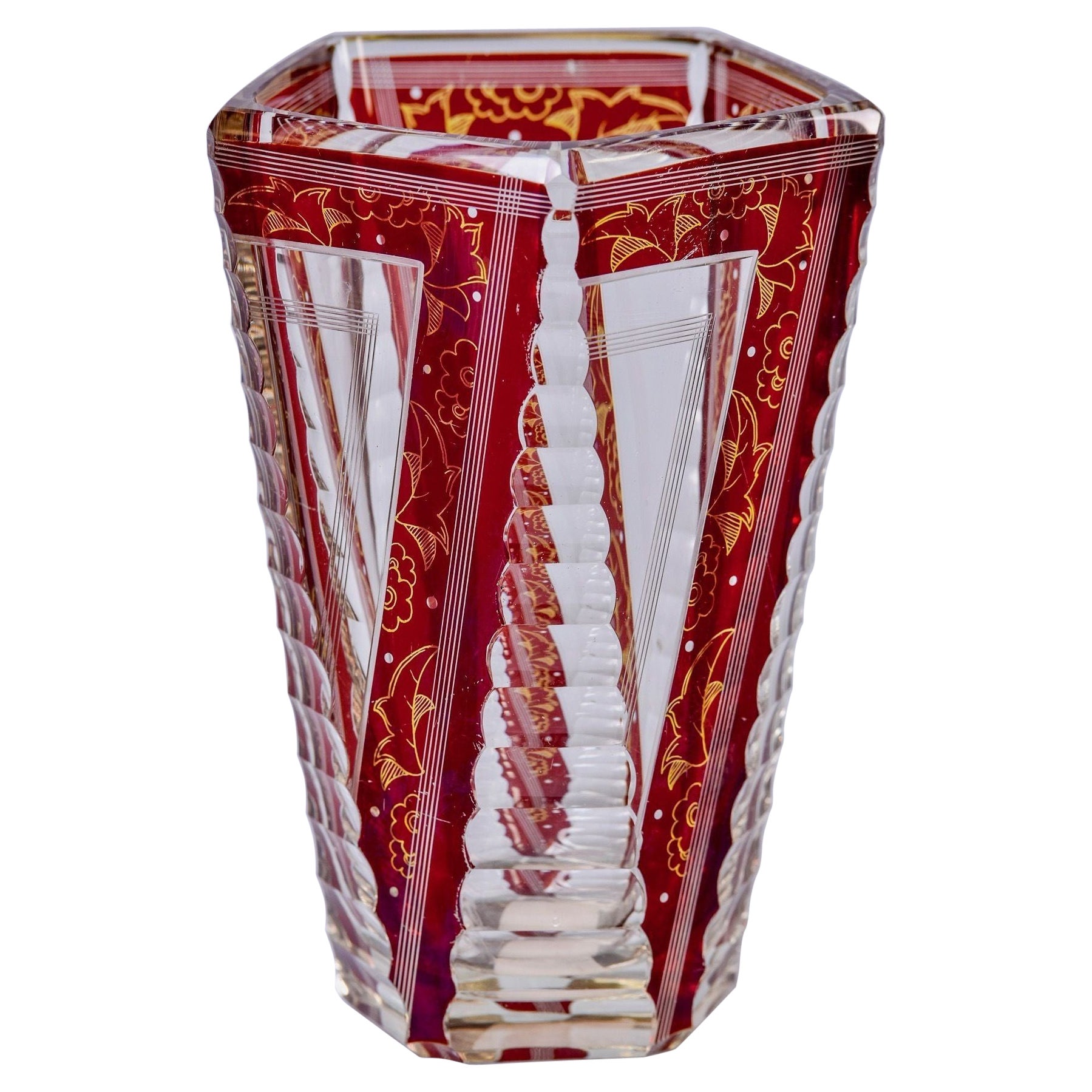 Early 20th C Bohemian Glass Vase with Cut to Red Detailed Design