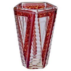 Vintage Early 20th C Bohemian Glass Vase with Cut to Red Detailed Design