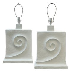 Pair of Large White Plaster Table Lamps with Tribal Fibonacci Spiral