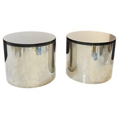 Pair of Cylinder Modern Tables with Black Stone Tops