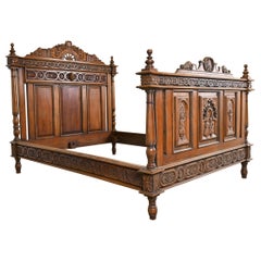 Antique Renaissance Revival Ornate Carved Mahogany Queen Size Bed