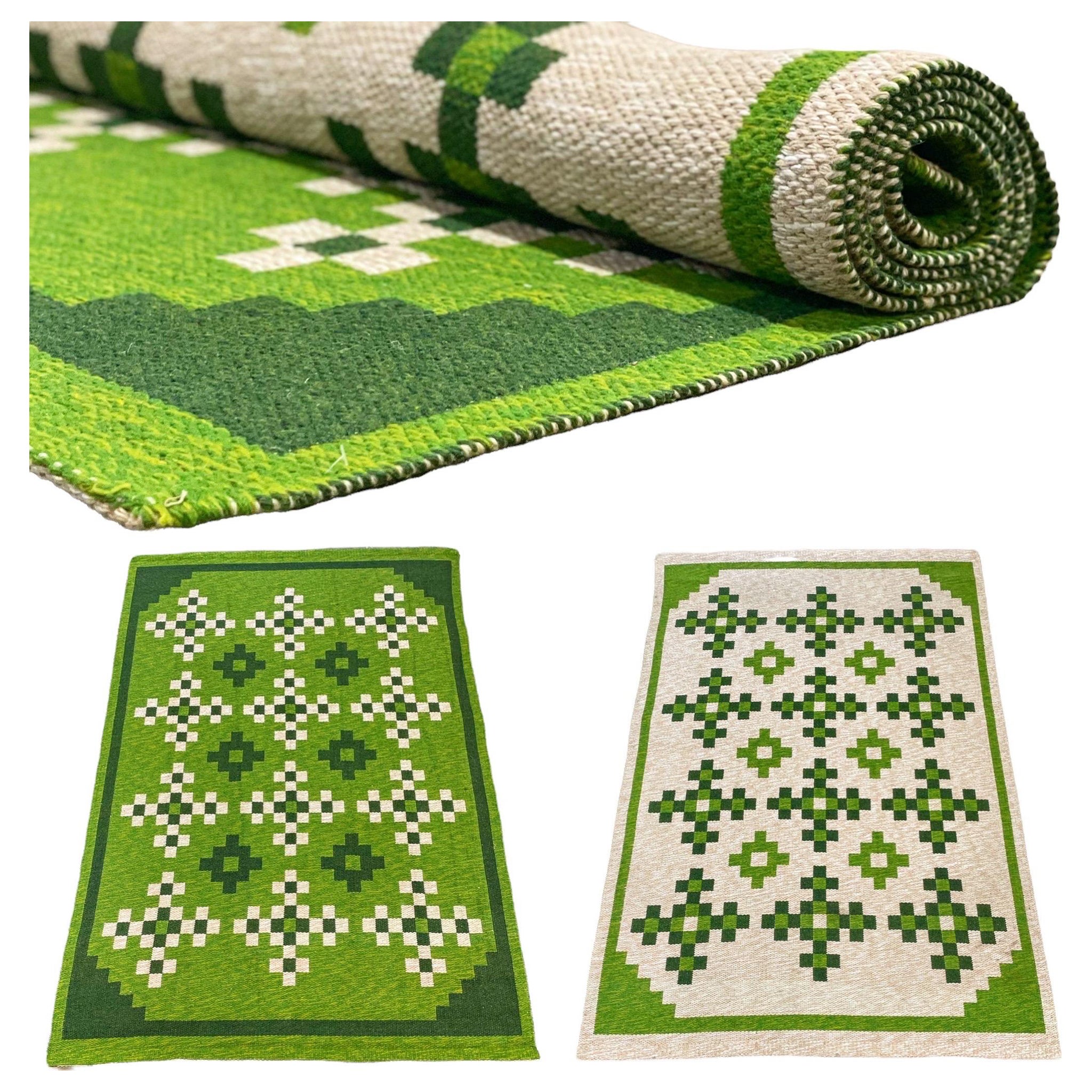 Scandinavian Mid-Century Green Khaki Wool Rya Rug, Tabergs, New Old Stock For Sale