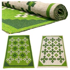 Scandinavian Mid-Century Green Khaki Wool Rya Rug, Tabergs, New Old Stock