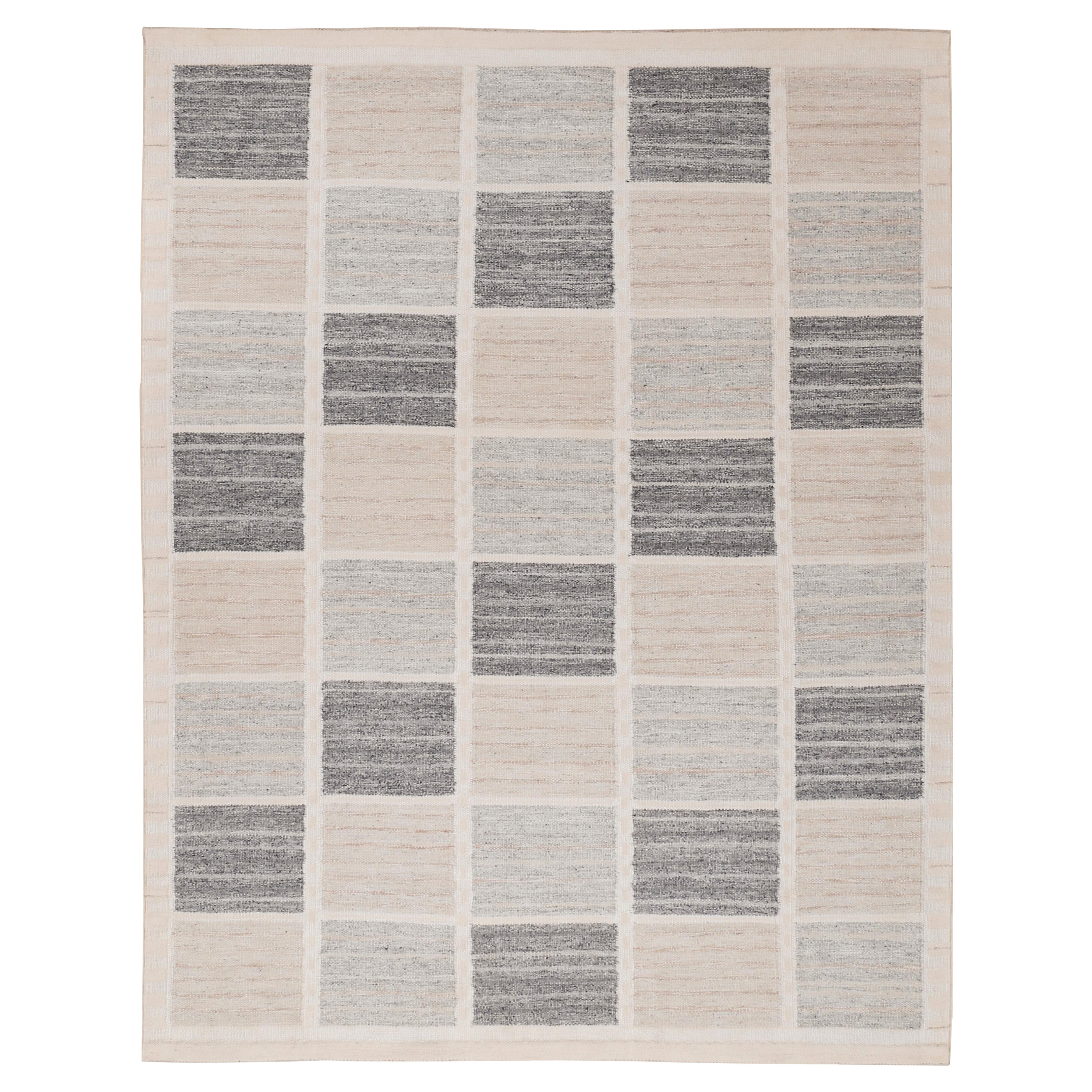 Alfombra Kilim Moderna Escandinava en Blanco, Gris Plata y Antracita