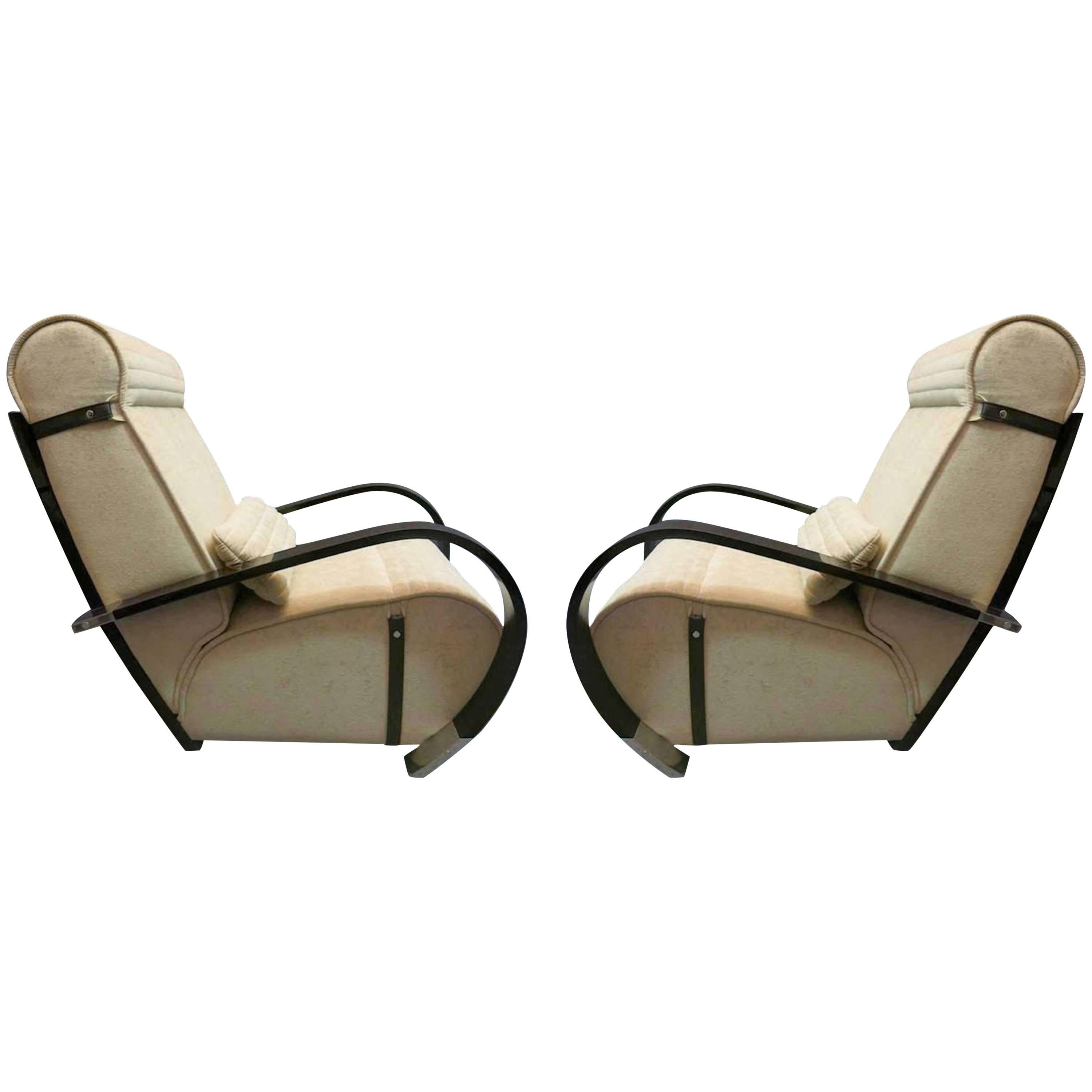 Pair of Midcentury Wood and Velvet Italian Lounge Chairs, 1950