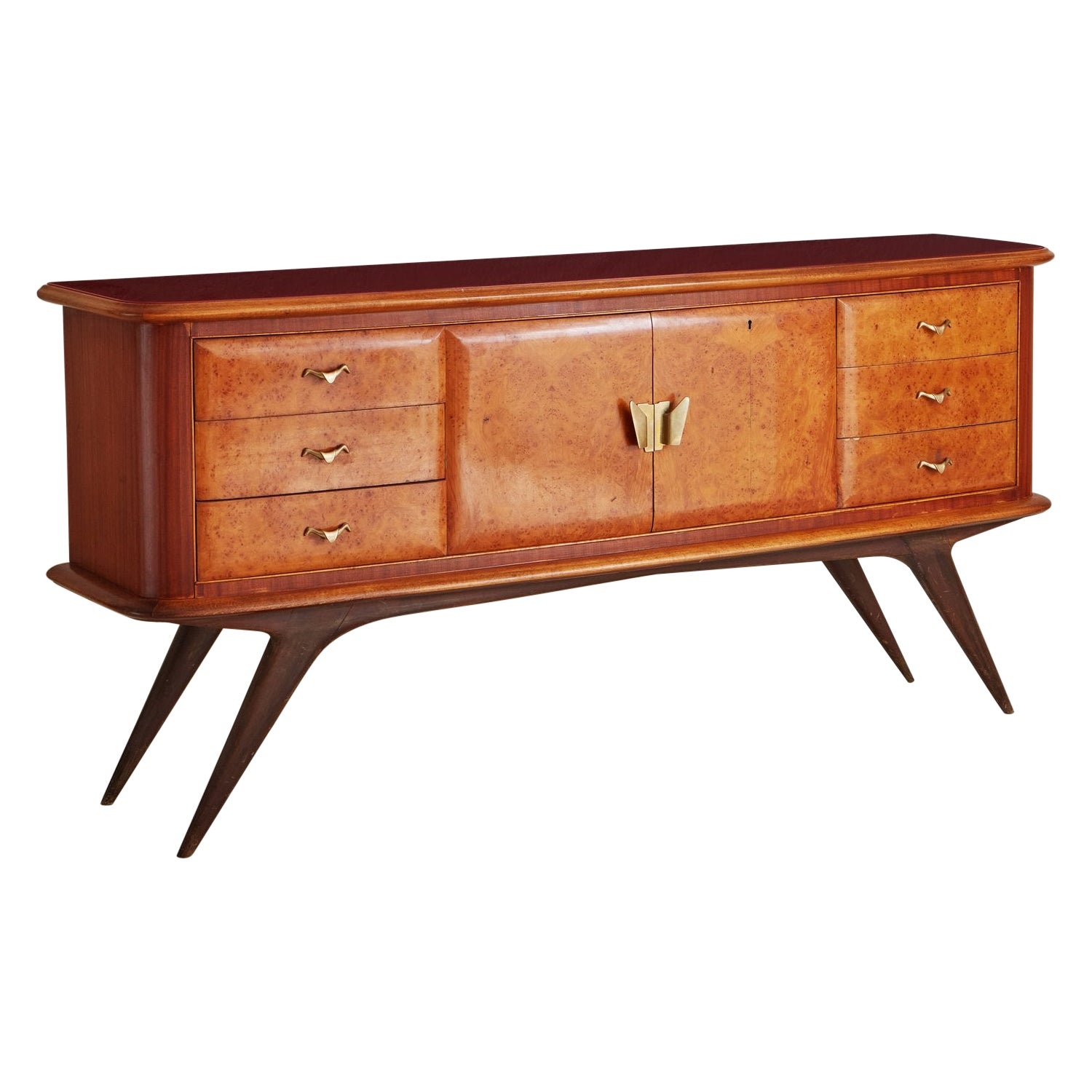 Mahogany + Burlwood Credenza With Red Glass Top, Italy 1960s