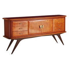 Mahogany + Burlwood Credenza With Red Glass Top, Italy 1960s