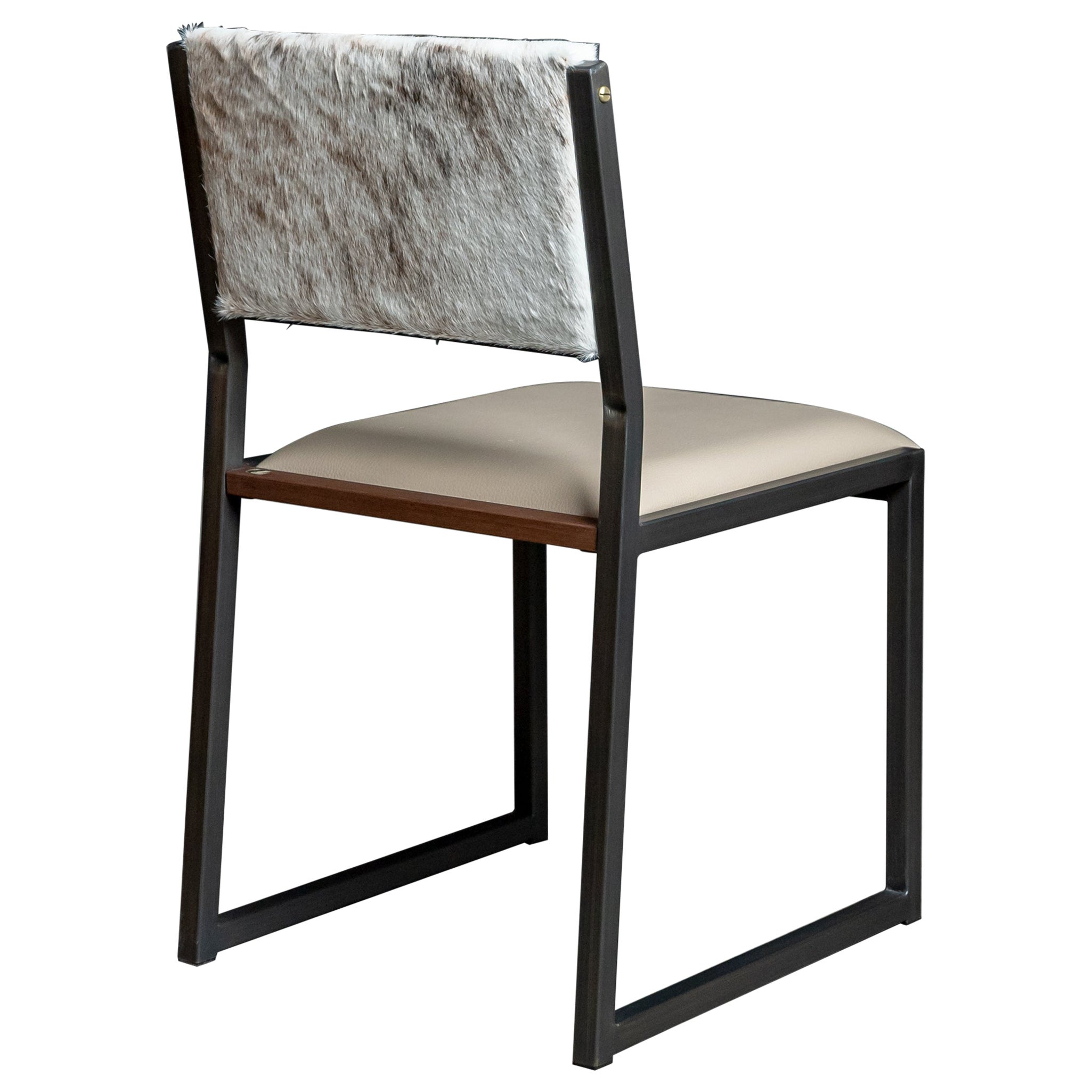 Shaker Modern Chair, Brushed Bronze, Walnut, Sand Leather, Light Brindle Cowhide For Sale