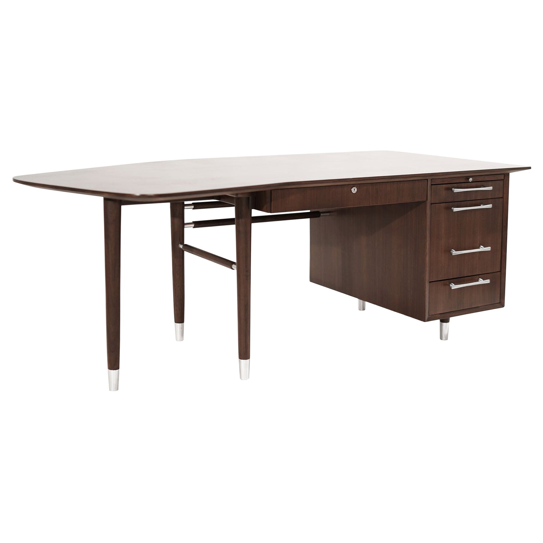 Asymmetric Walnut Desk w/ Nickel Accents, C. 1950s For Sale