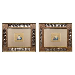 Pair of 19th Century Indian Erotic Kama Sutra Tantric Gouaches in Fretwork Frame