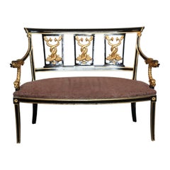 French Empire Style Ebonized Giltwood Carved Dolphins Settee Circa 1950