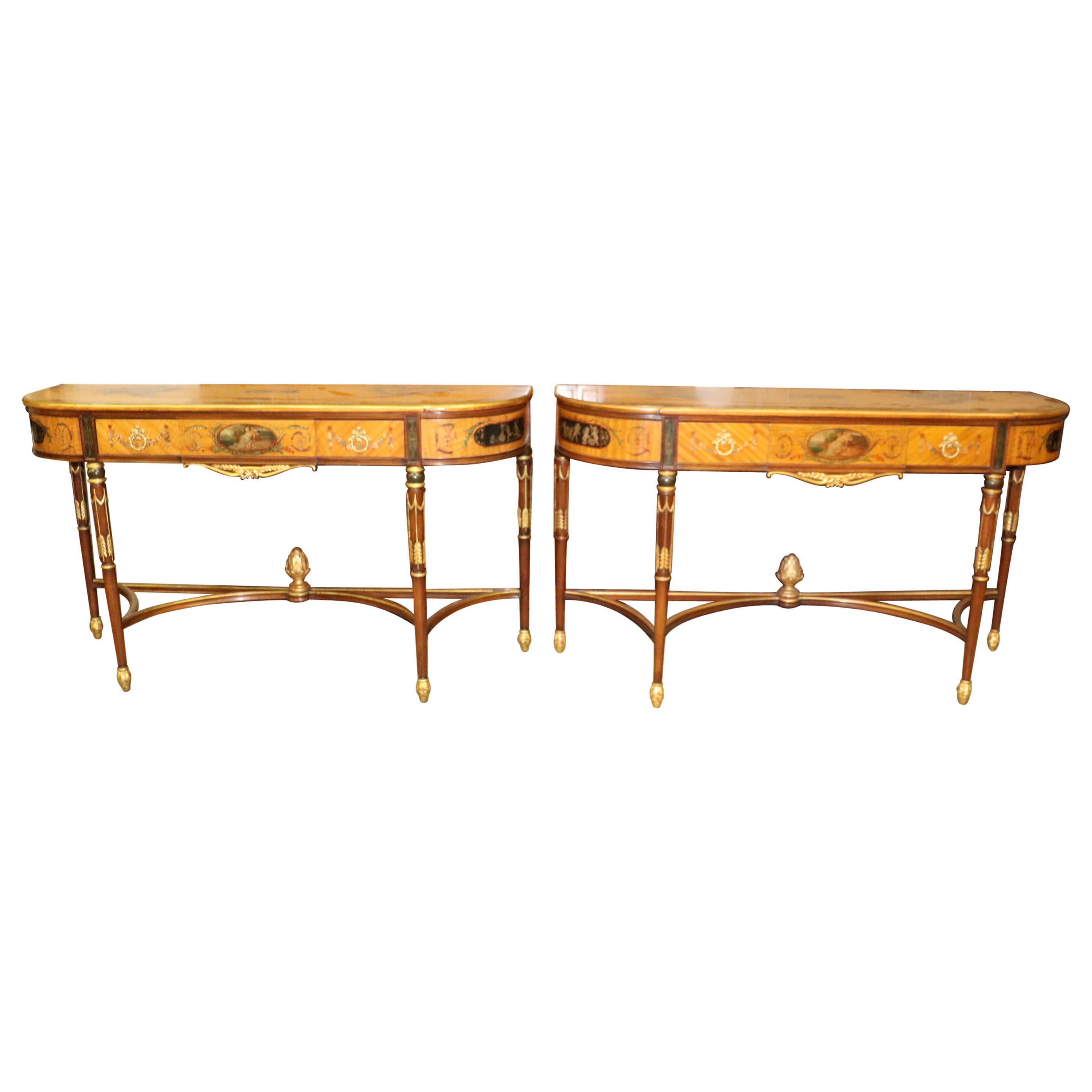 Fine Quality Paint Decorated Adams Satinwood Demilune Console Tables Circa 1900 For Sale