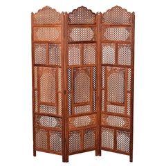 Mid Century Bohemian Three Panel Carved Indian Floor Screen or Room Divider