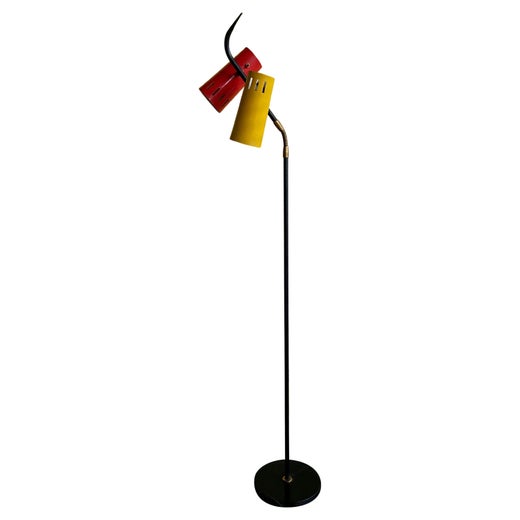 1950's Italian black and brass floor lamp with tilting red shade, manner of  Lumi For Sale at 1stDibs