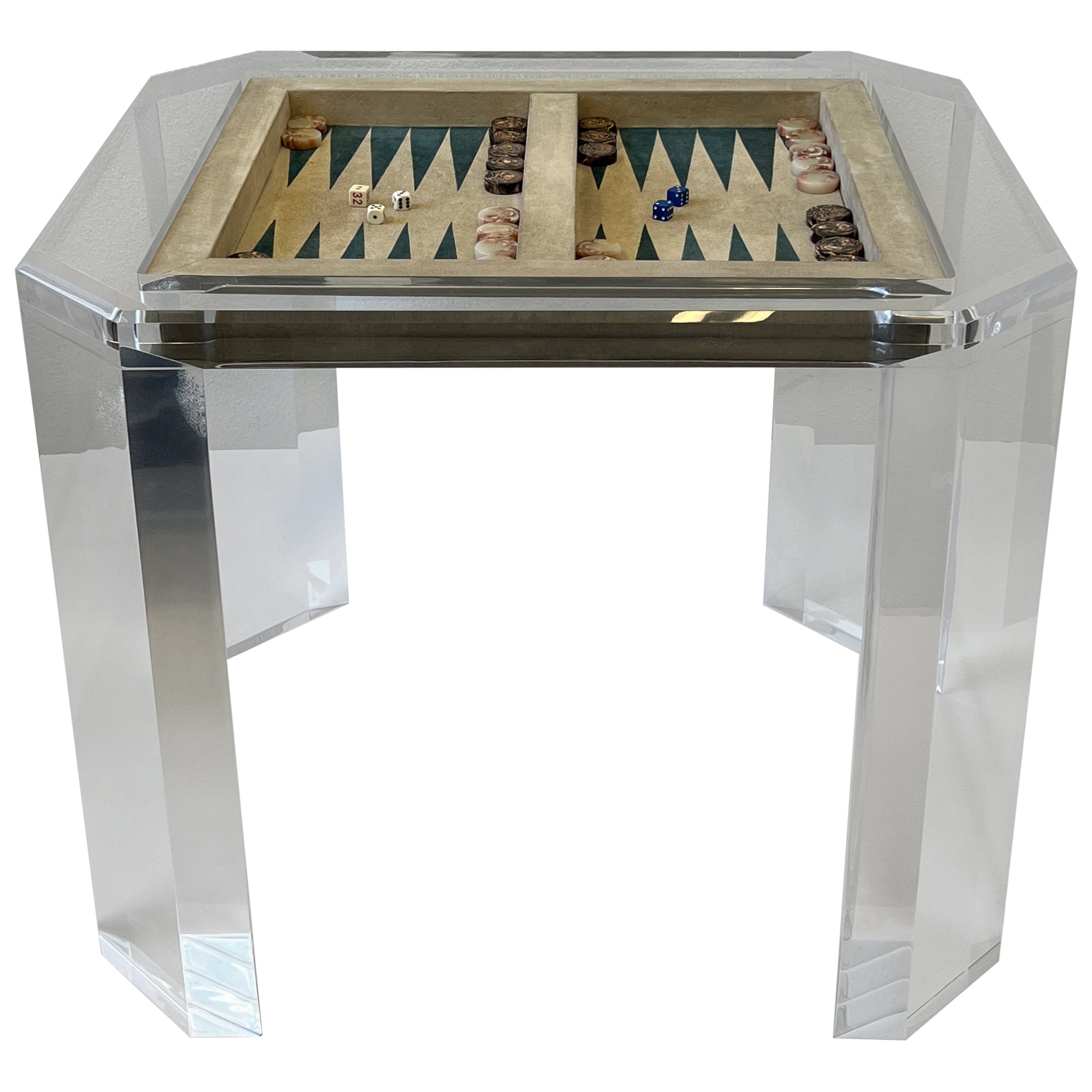 Clear Acrylic and Suede Leather Backgammon Game Table by Charles Hollis Jones