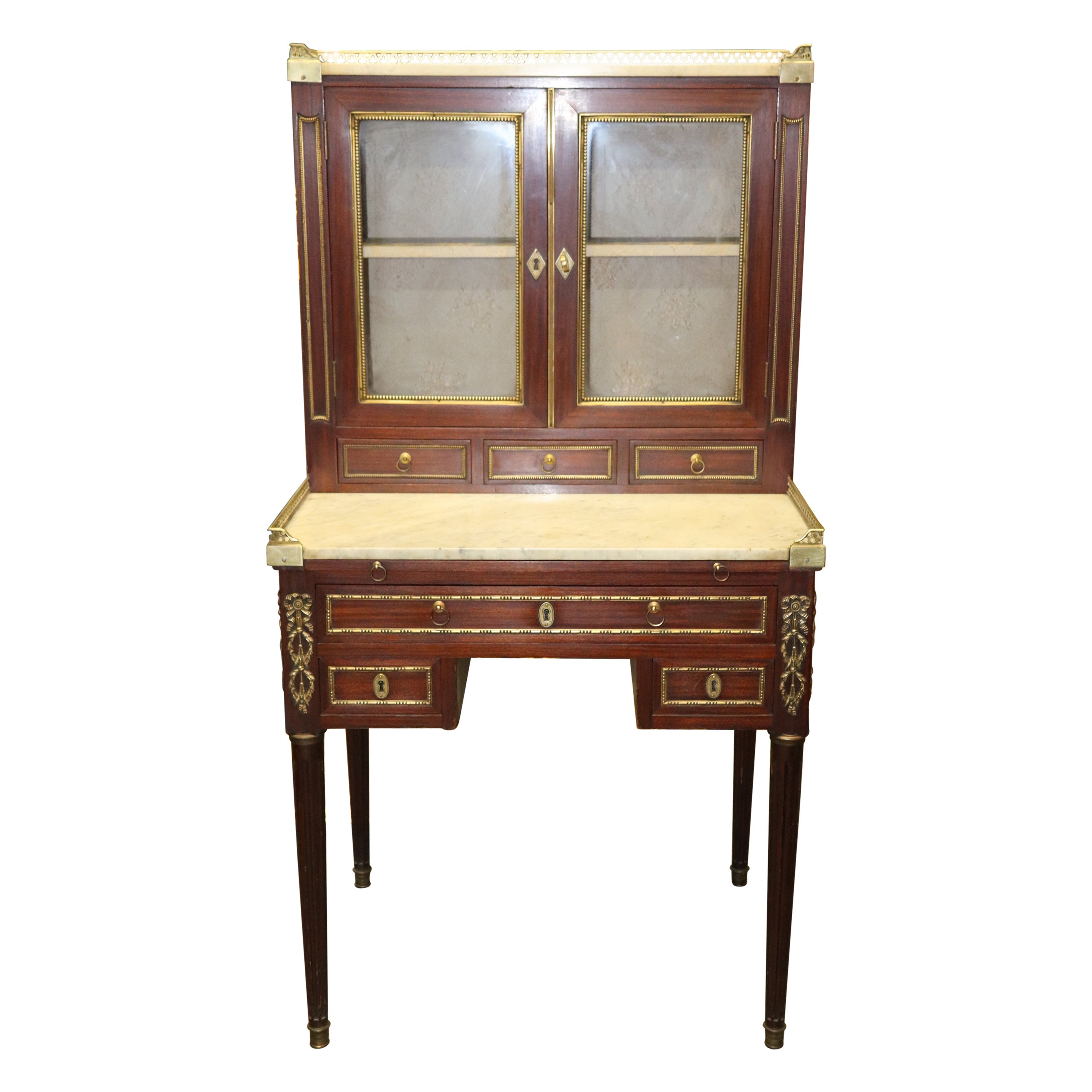 Fine Quality French Mahogany Bronze Mounted Secretary Desk Bookcase Top