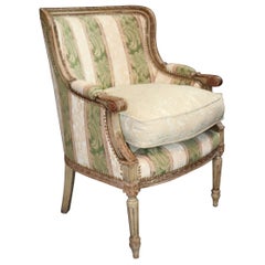 Early 1900s Era French Louis XVI Paint Decorated Directoire Bergere Lounge Chair