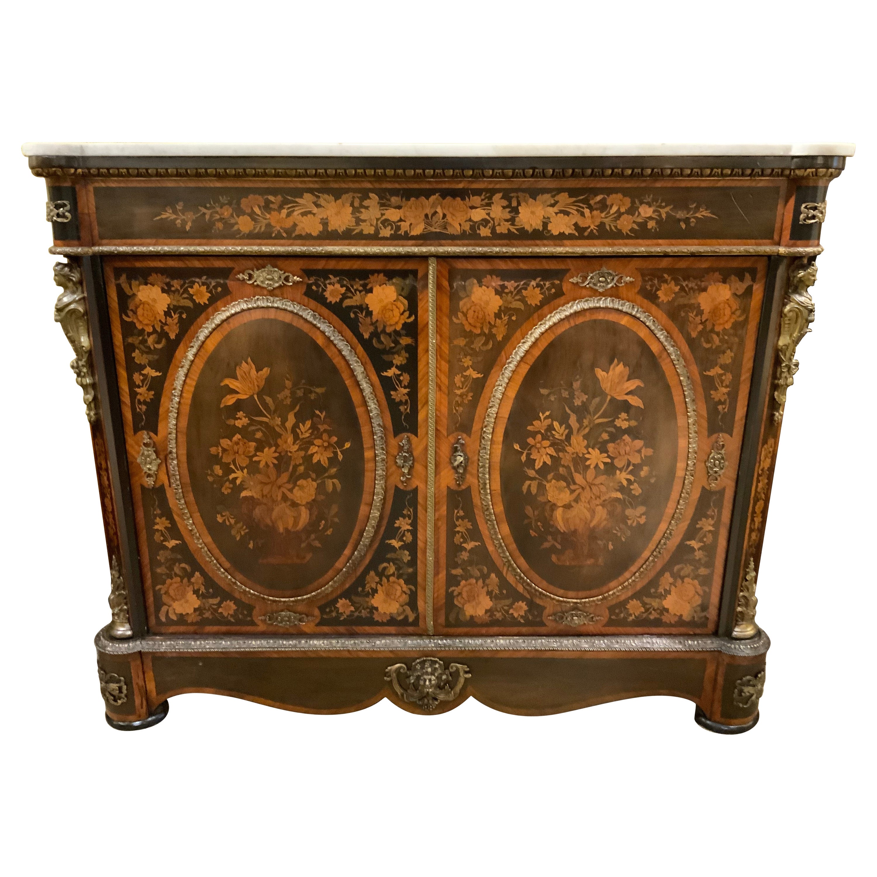French Cabinet with White Marble Too and Marquetry 