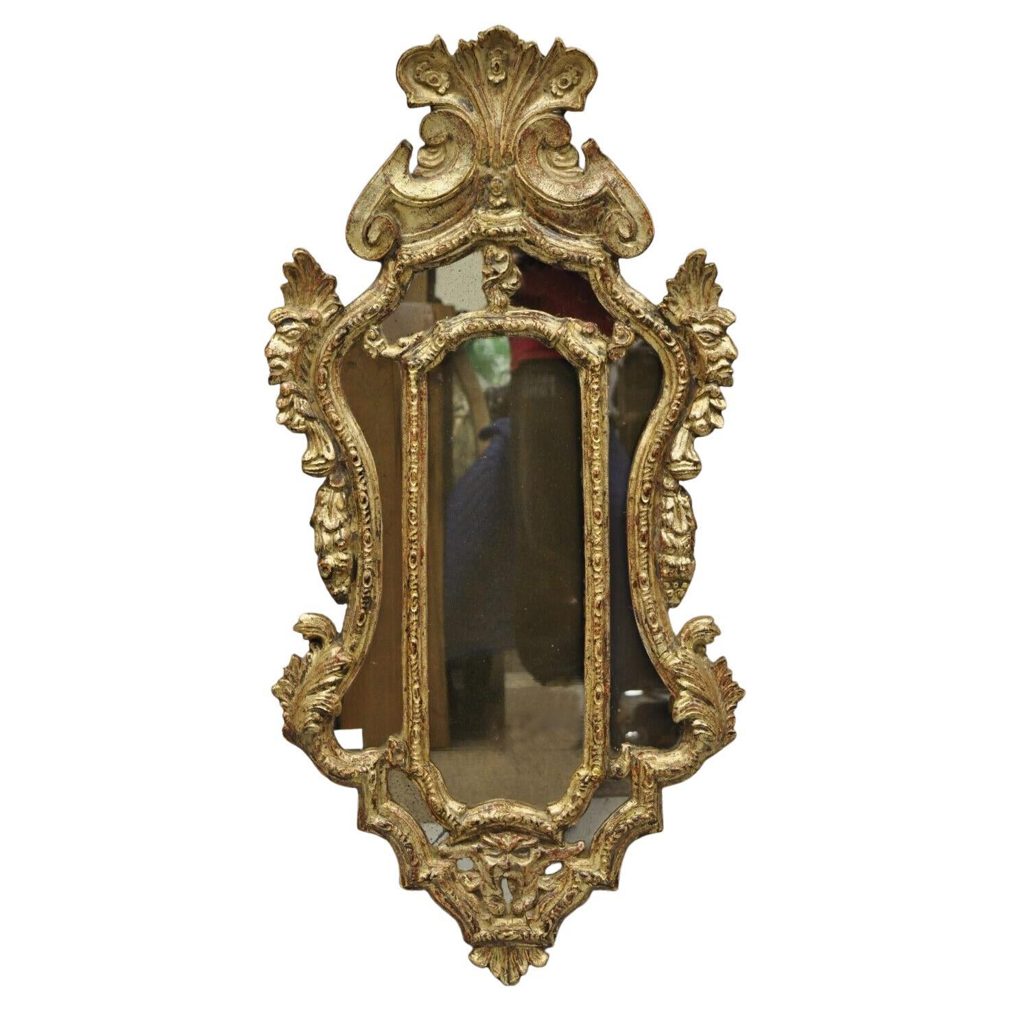 Vintage Italian Rococo Style Carved Wood 40" Distressed Finish Wall Mirror For Sale
