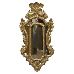 Vintage Italian Rococo Style Carved Wood 40" Distressed Finish Wall Mirror