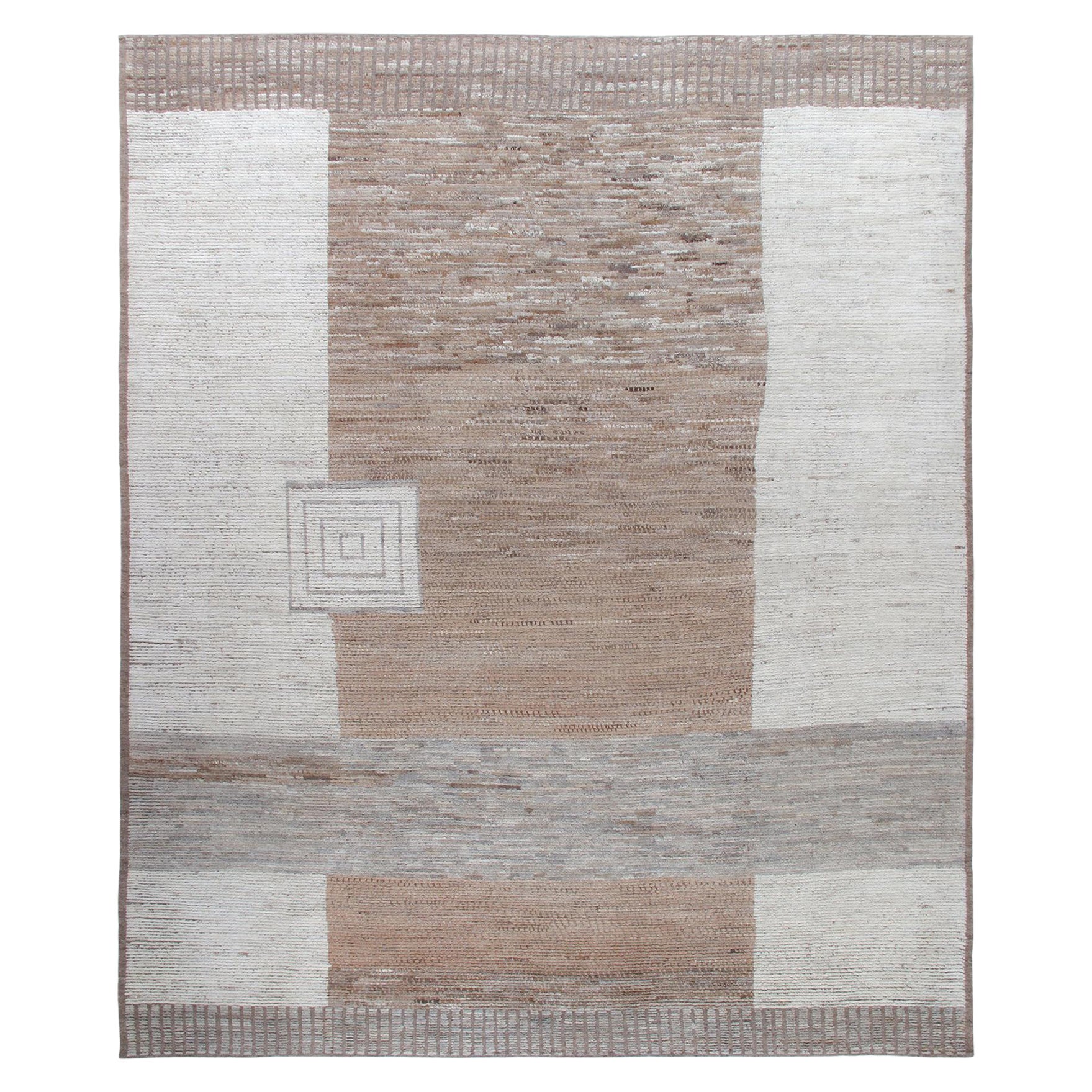 Modern Minimalist Mid-Century Style Wool Rug in Beige, Copper, and Grey Tones For Sale