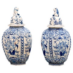 Pair of Italian White and Blue Painted Delft Style Lidded Jars