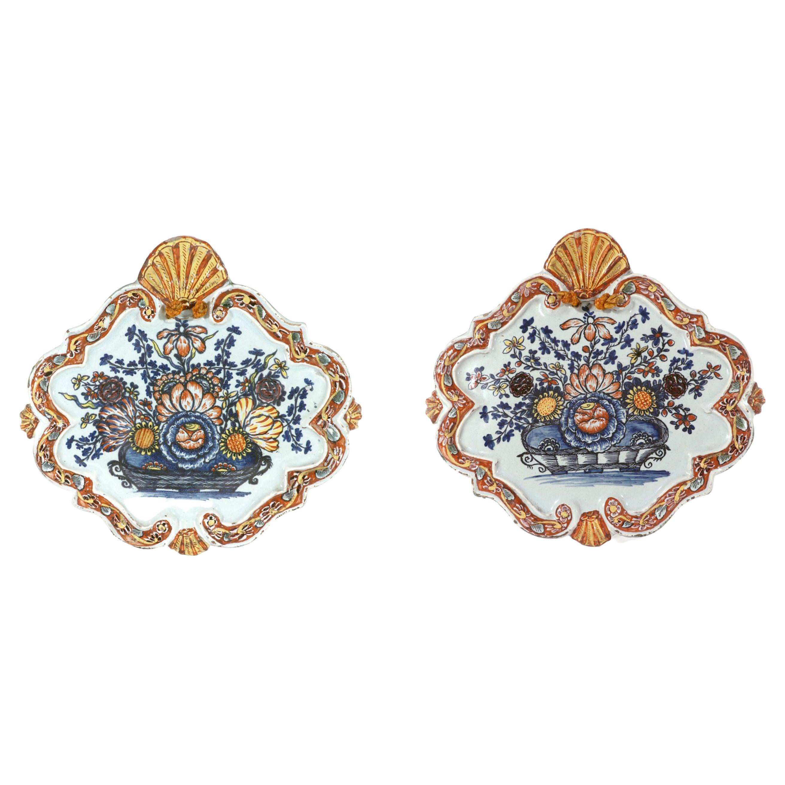 Dutch Delft Polychrome Shaped Plaques with Flower Baskets For Sale
