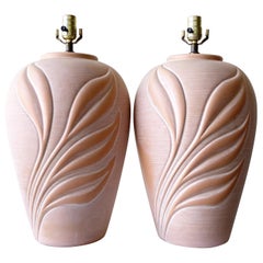 Used Postmodern Pink Ceramic Floral Table Lamps, a Pair