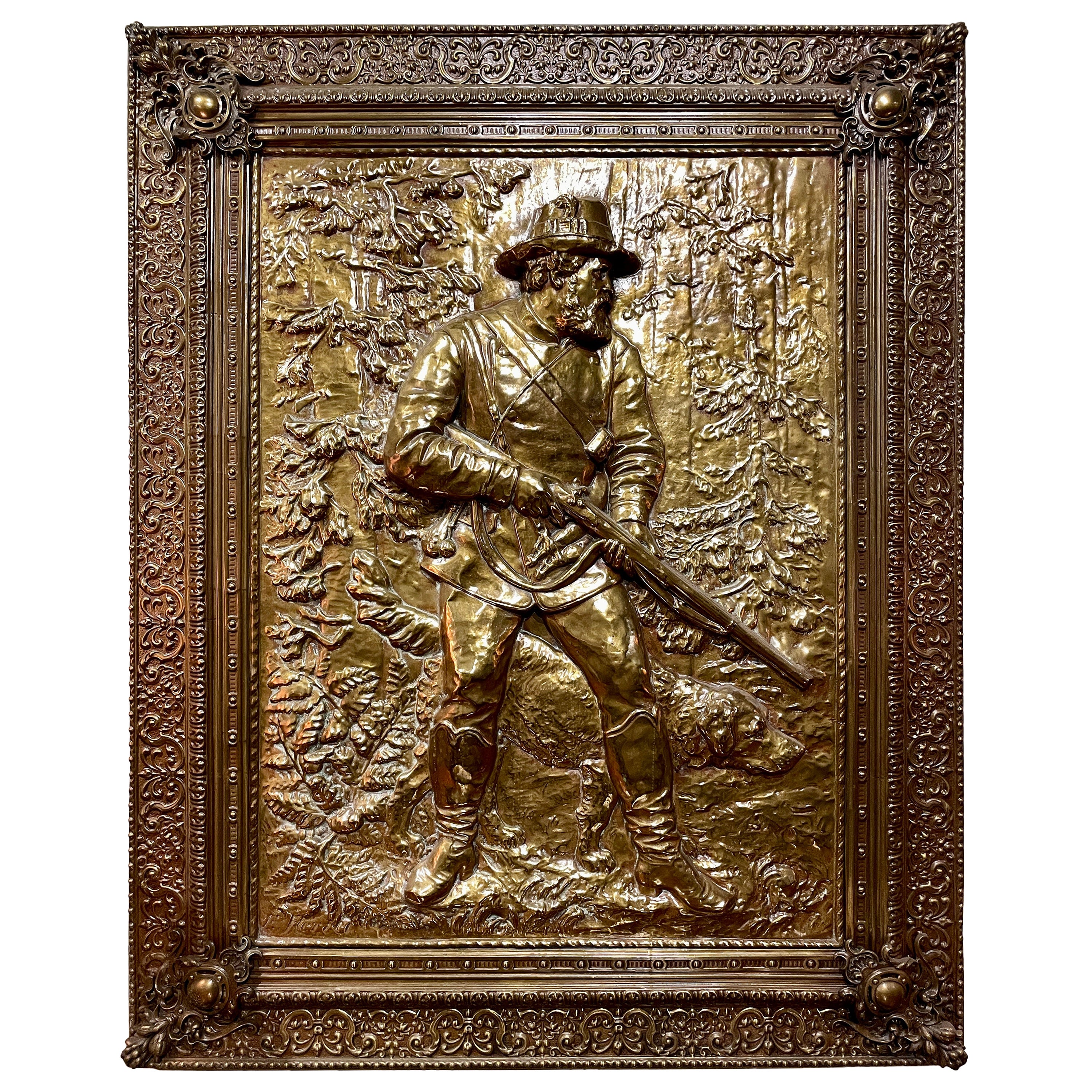 Antique 19th Century French Repoussé Brass Panel, "Hunter and His Dog" For Sale