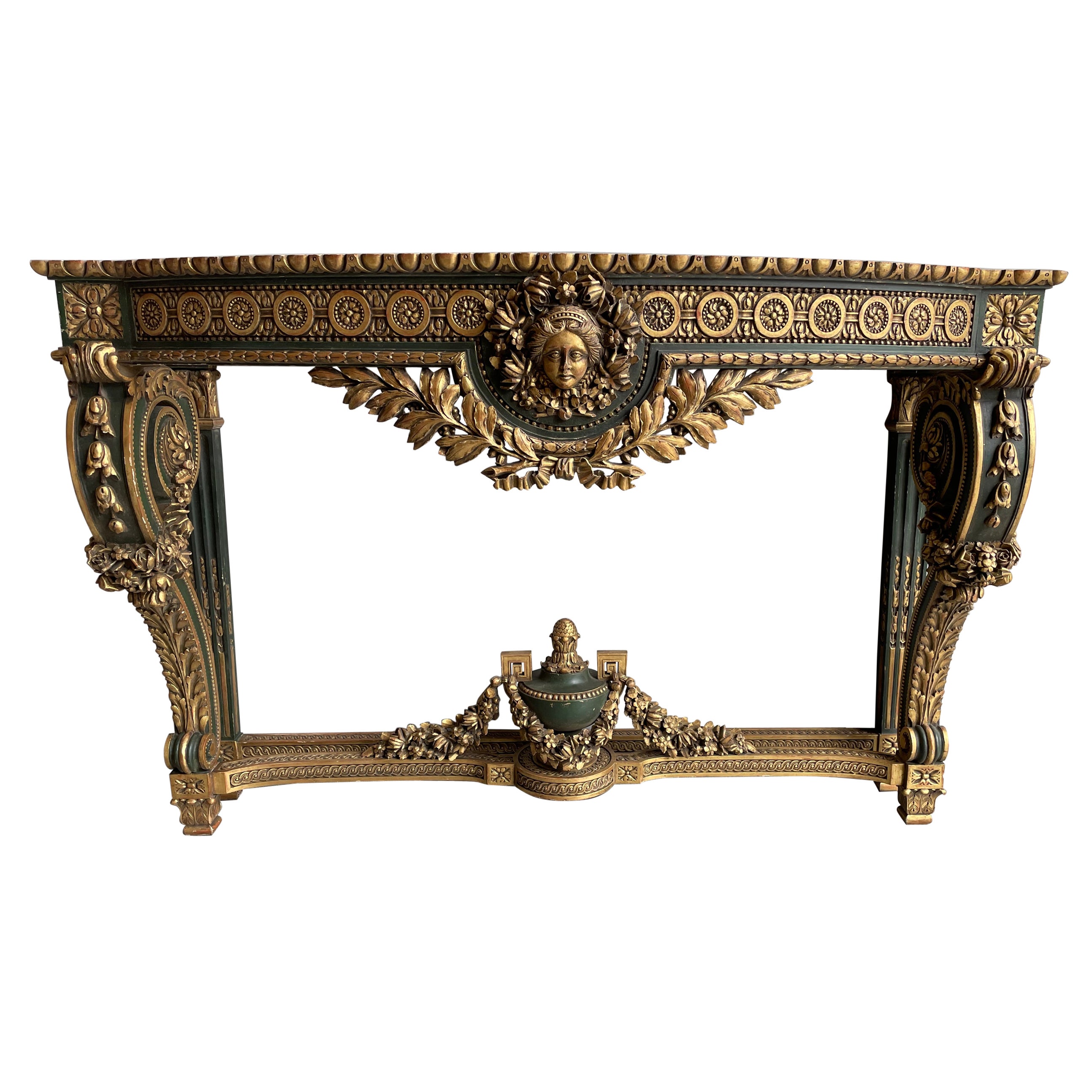 Large Antique Wooden Side Table w. Amazing Gilt Carvings & Marie Antoinette Mask For Sale