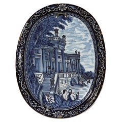 Dutch Delft Oval Blue & White Architectural Plaque, Three Porcelain Ash-Barrel