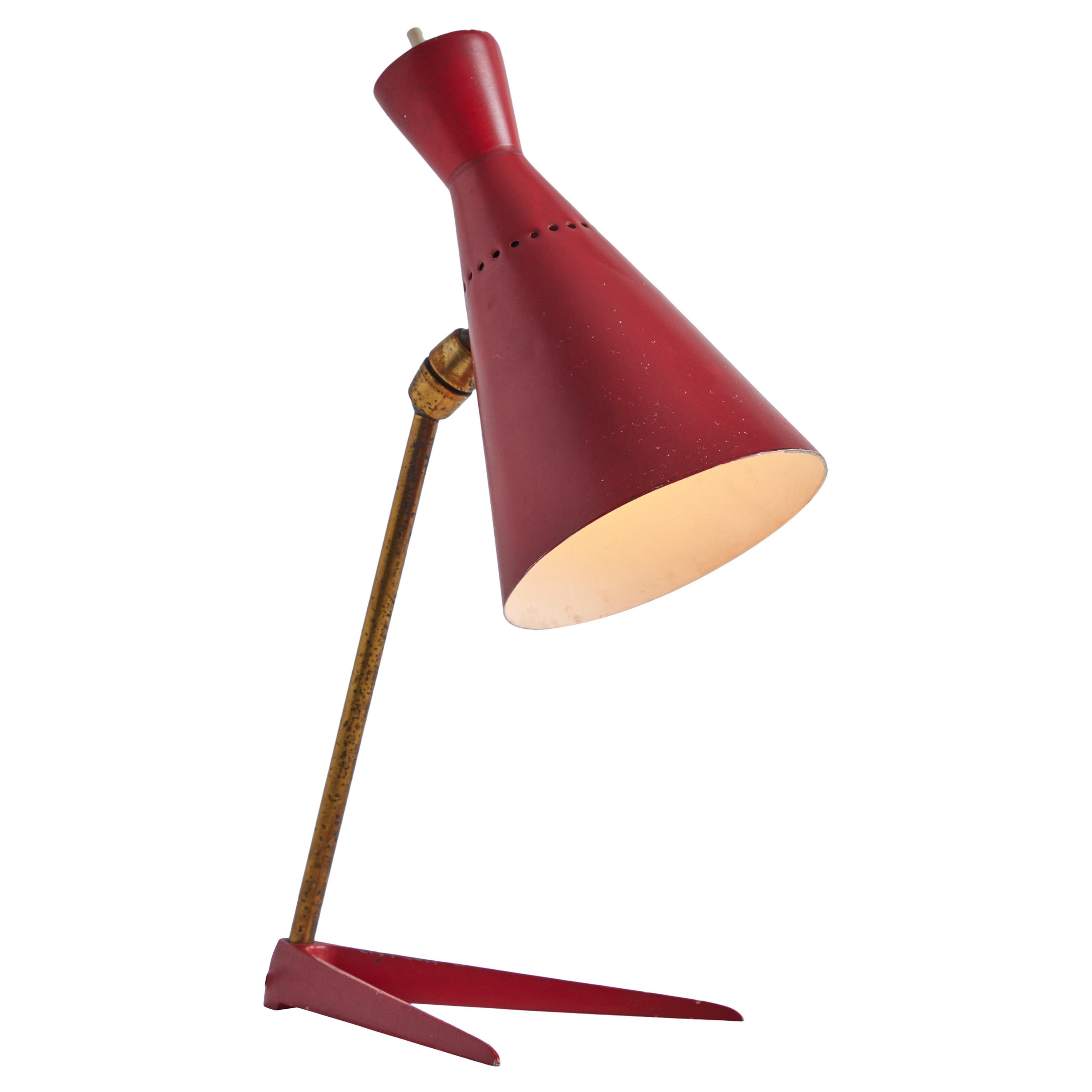 1950er Stilux Milano Tischlampe aus rotem Metall und Holz