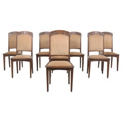 Restored Set of Eight Art Nouveau French Mahogany Dining Chairs in Tan Velvet