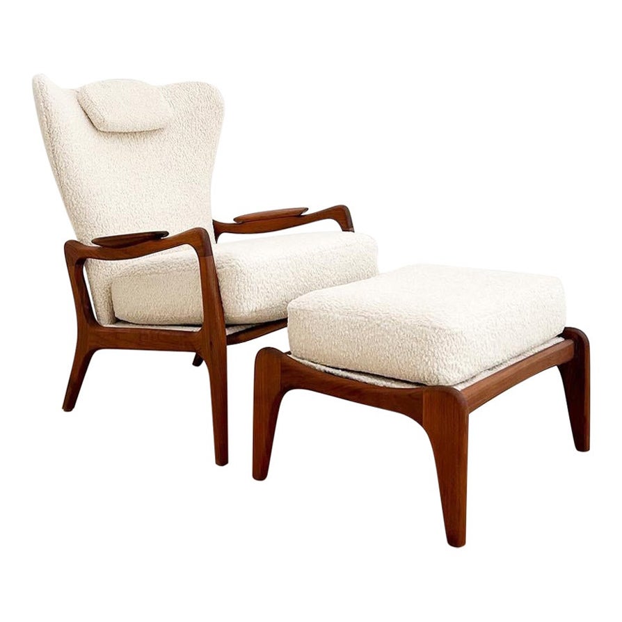 Adrian Pearsall Wingback Lounge Chair & Ottoman, New White Shearling Upholstery