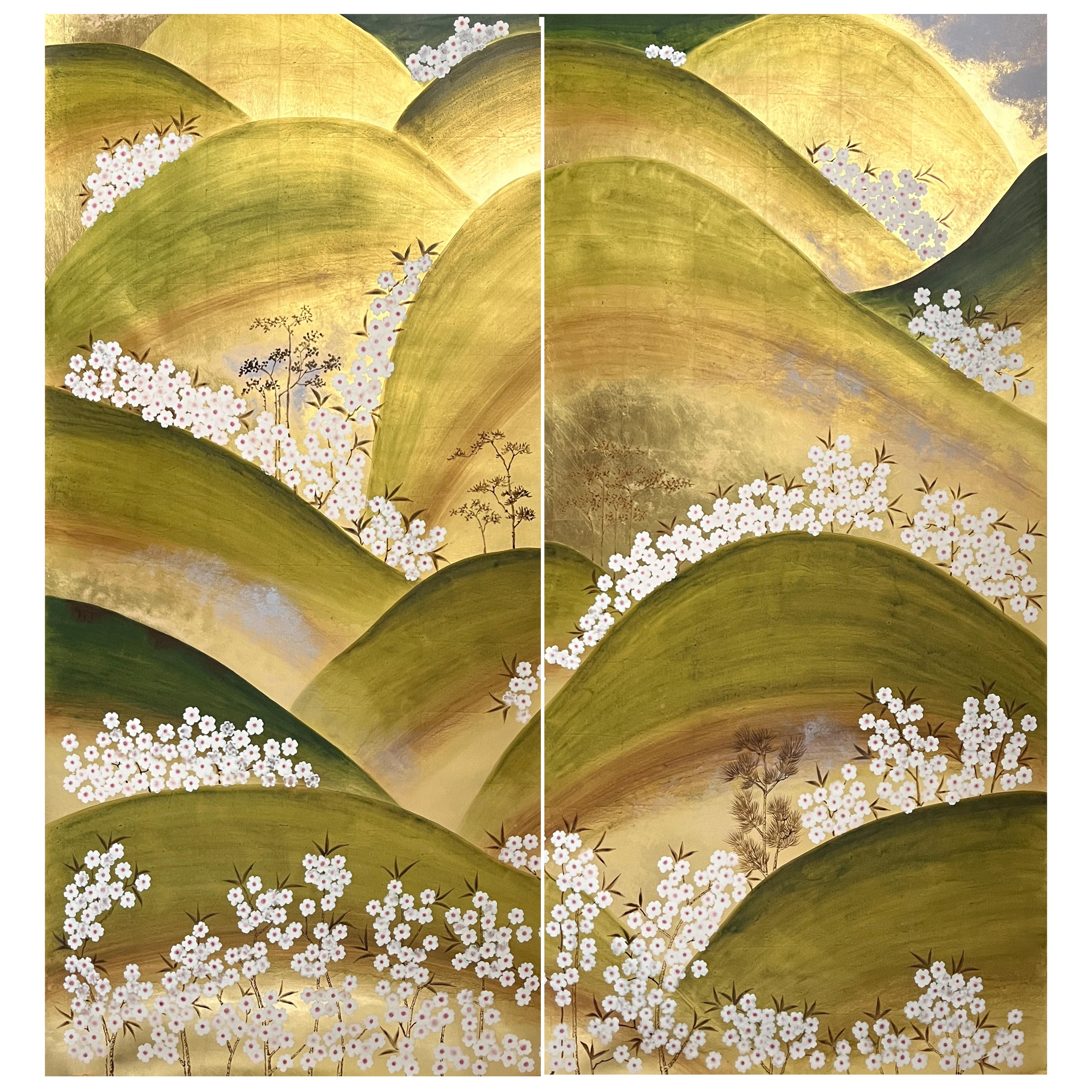 Papel Pintado Montañas Papel Pintado a Mano sobre Dorado Metalizado, Acepta Tamaño Personalizado