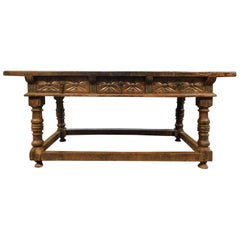 Antique Walnut Table Richly Carved Drawers and Turned Legs, 17th Century Spain