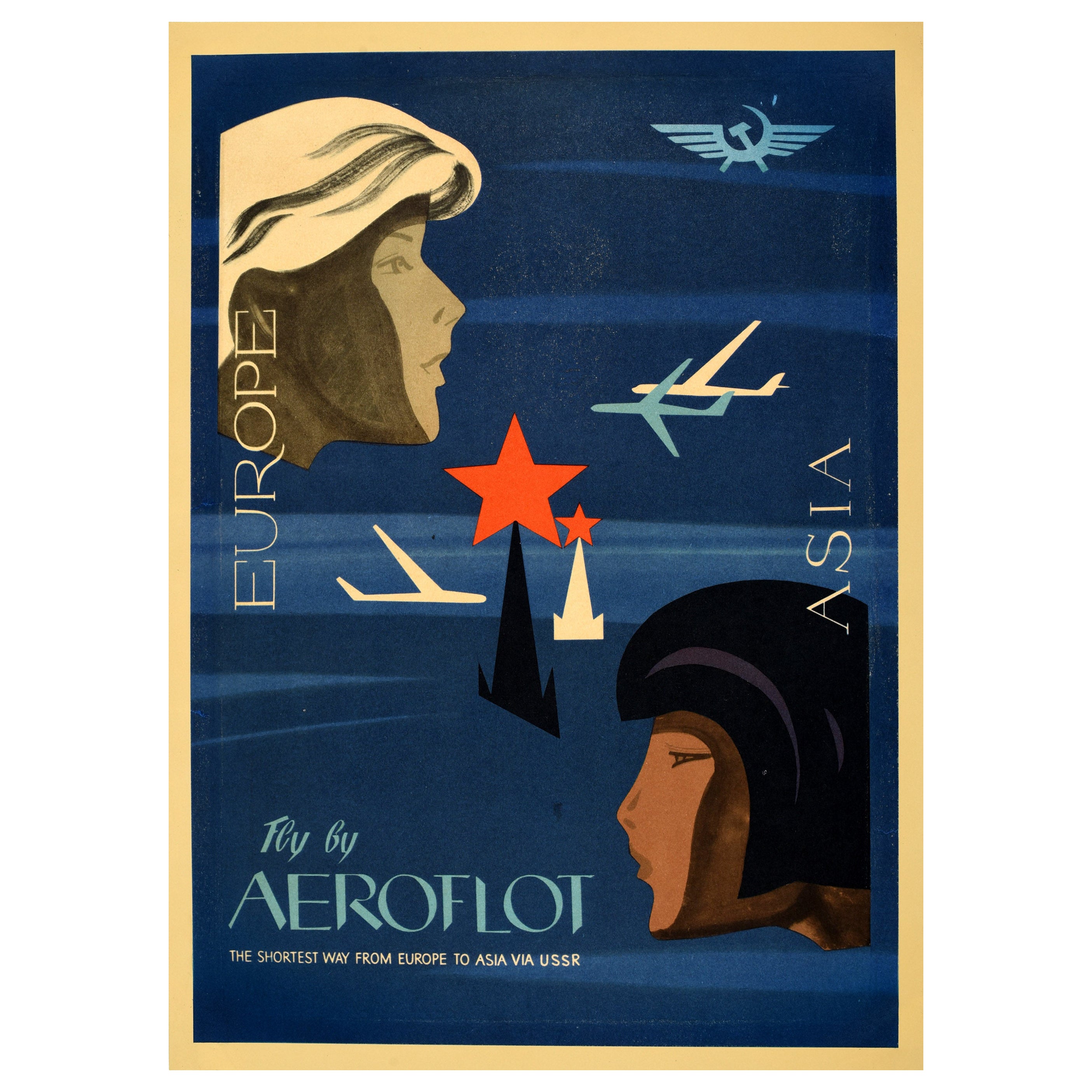 Original Vintage Travel Poster Fly By Aeroflot Europe Asia Midcentury Modern Art For Sale