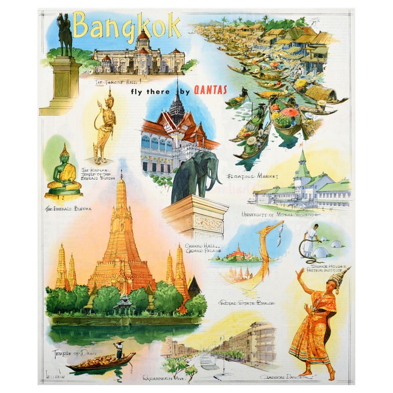 Original Vintage Poster Bangkok Thailand Fly There By Qantas Asia Air