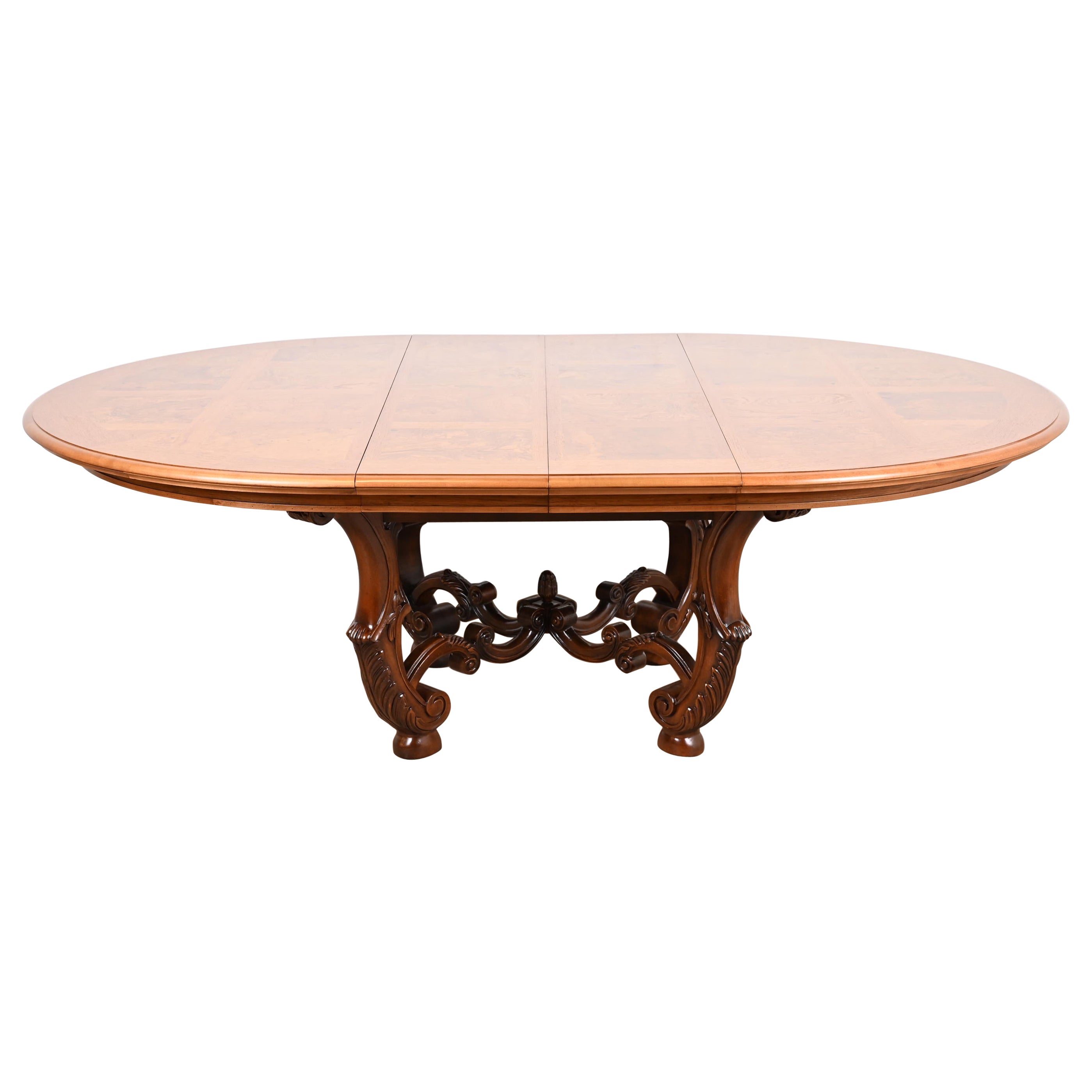 Henredon Italian Provincial Carved Walnut and Burl Wood Pedestal Dining Table
