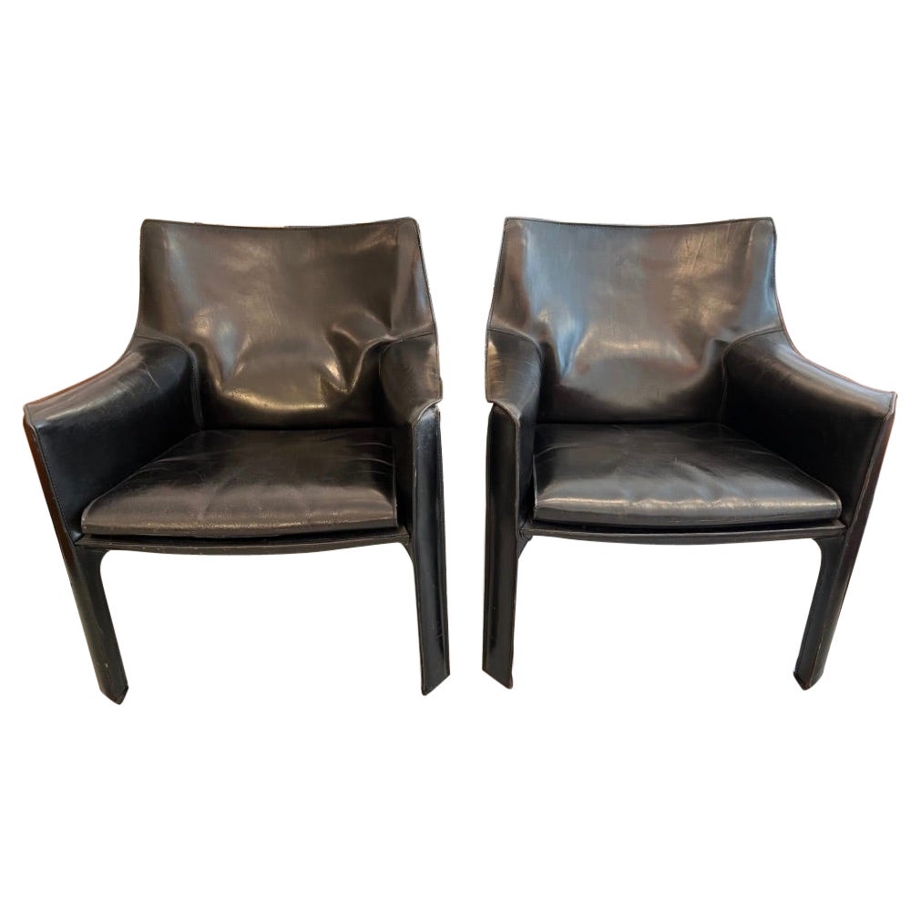 Pair of Black Leather Cab 414 Lounge Chairs by Mario Bellini, Cassina, ca. 1970s
