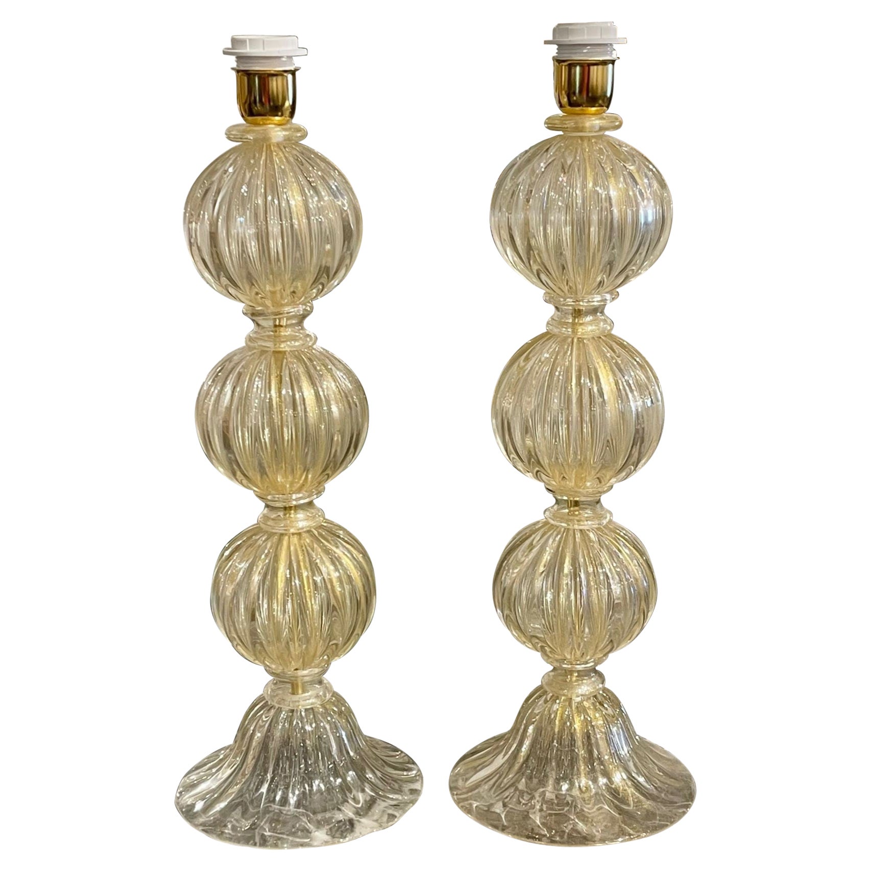 Pair of Gold Murano Ball Form Lamps For Sale