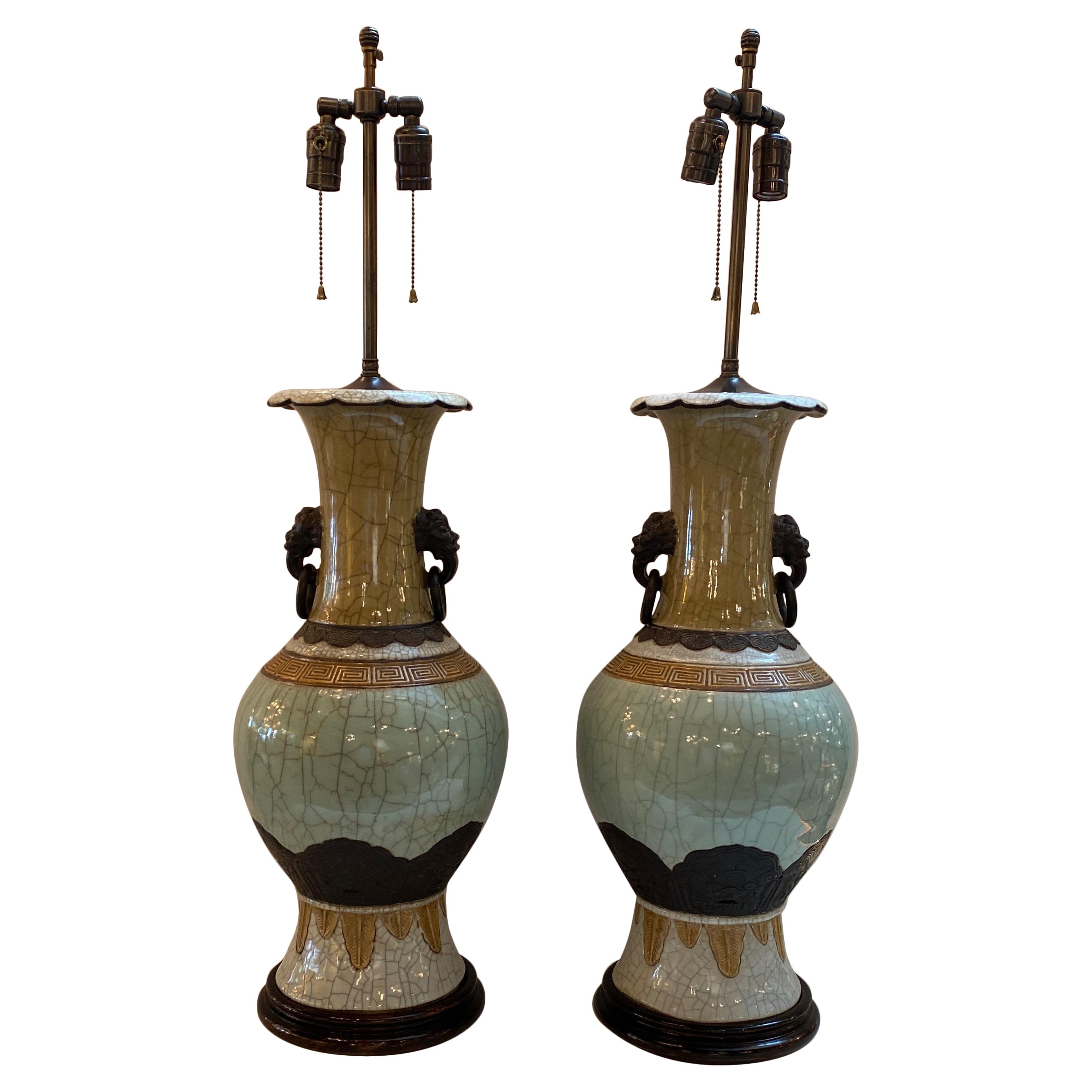 Pair of Antique Chinese Celadon Vases Now as Lamps