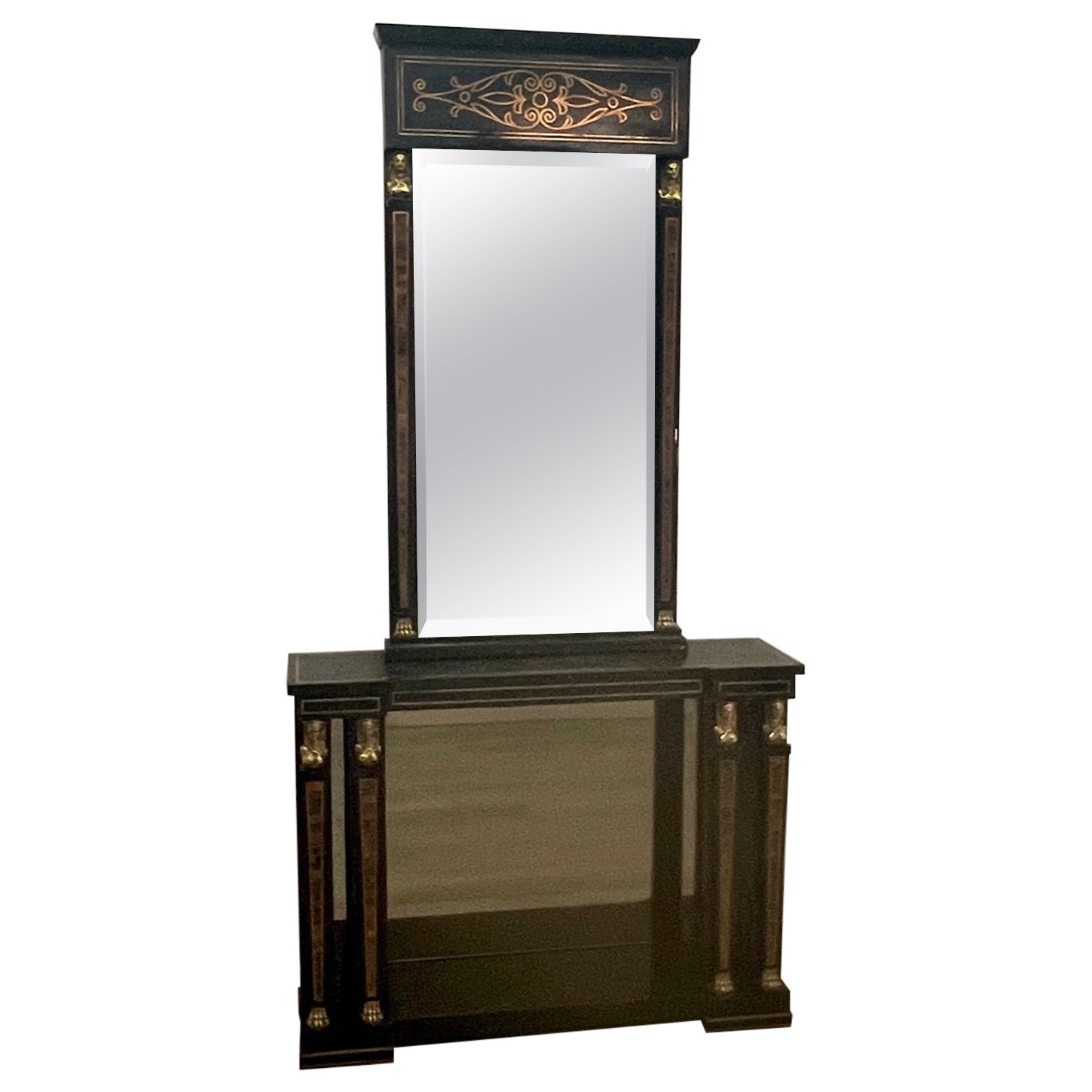 Dramatic Egyptian Revival Maitland Smith Console with Matching Mirror